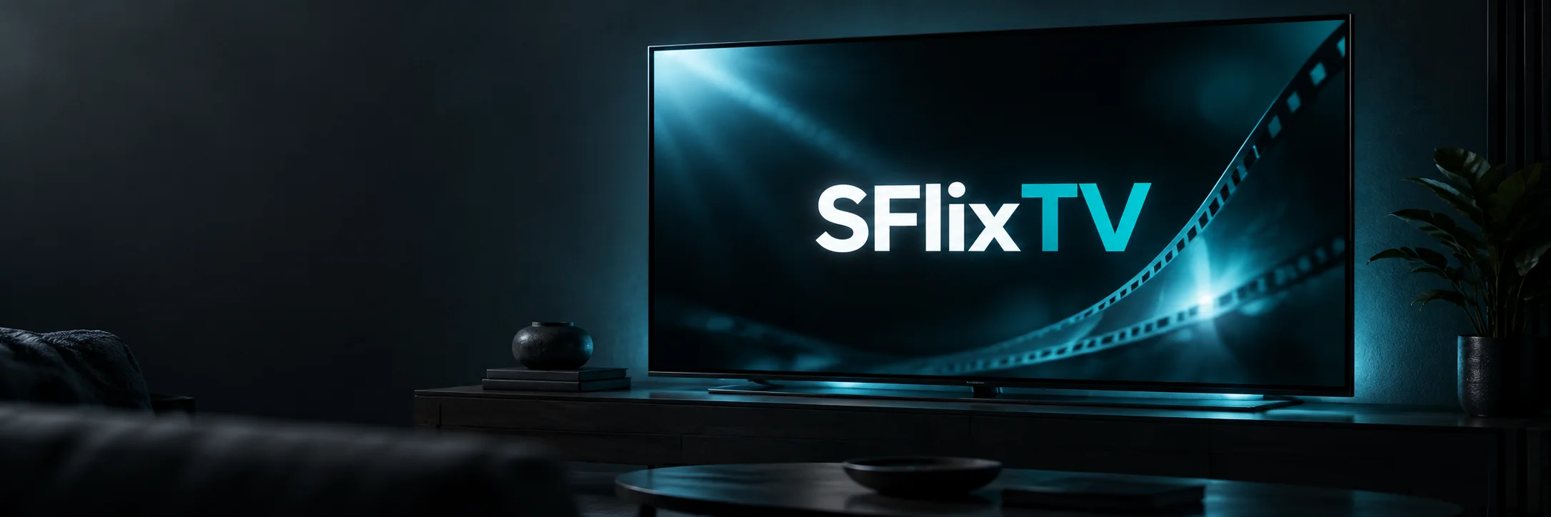 SFlixTV in white and teal on a television in a dark room